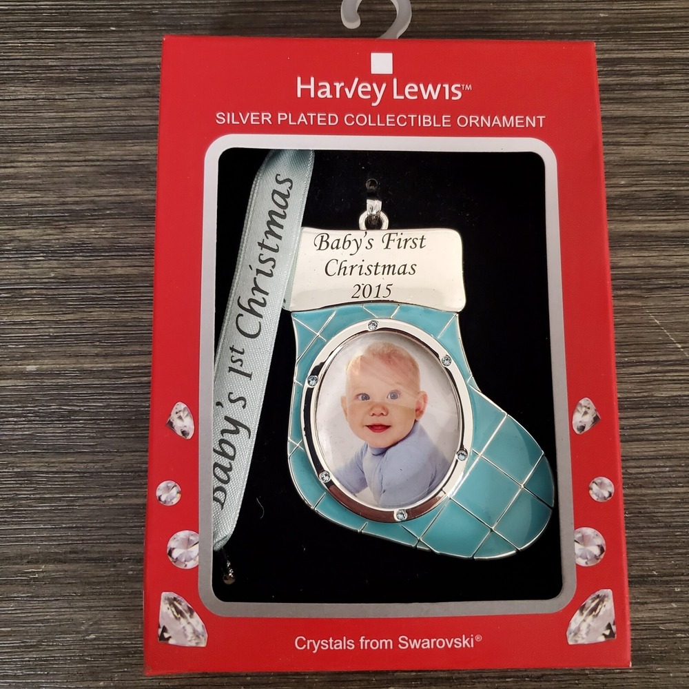 Harvey Lewis Baby First 1st Christmas Enamel Frame Ornament Swarovski Crystals